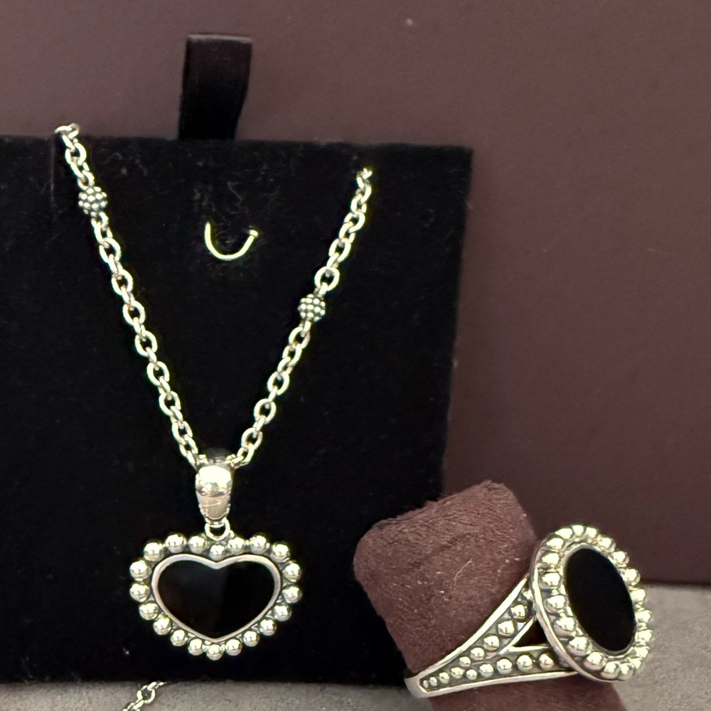 MAYA  STERLING HEART BLACK ONYX NECKLACE AND CIRCLE RING  SET